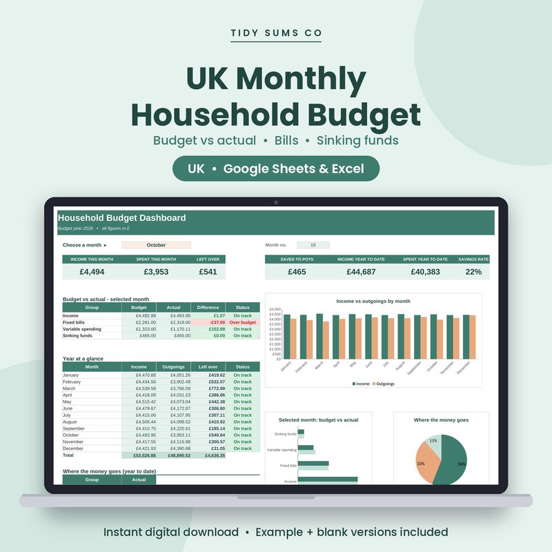 UK Monthly Household Budget spreadsheet preview
